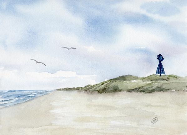 Postkarte DIN-A6 Aquarell Maritim Kunst Druck Kunstdruck Nordsee Insel Baltrum Bake Düne Dünen Strand Meer